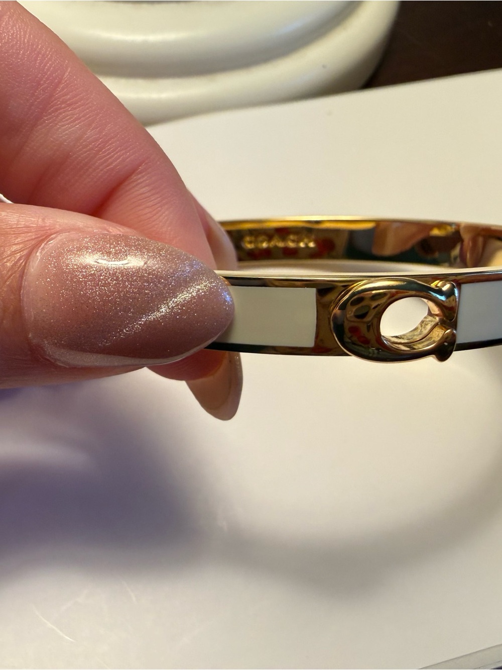 Coach Gold and Cream Enamel Signature C Hinge Bangle - Picture 2 of 3